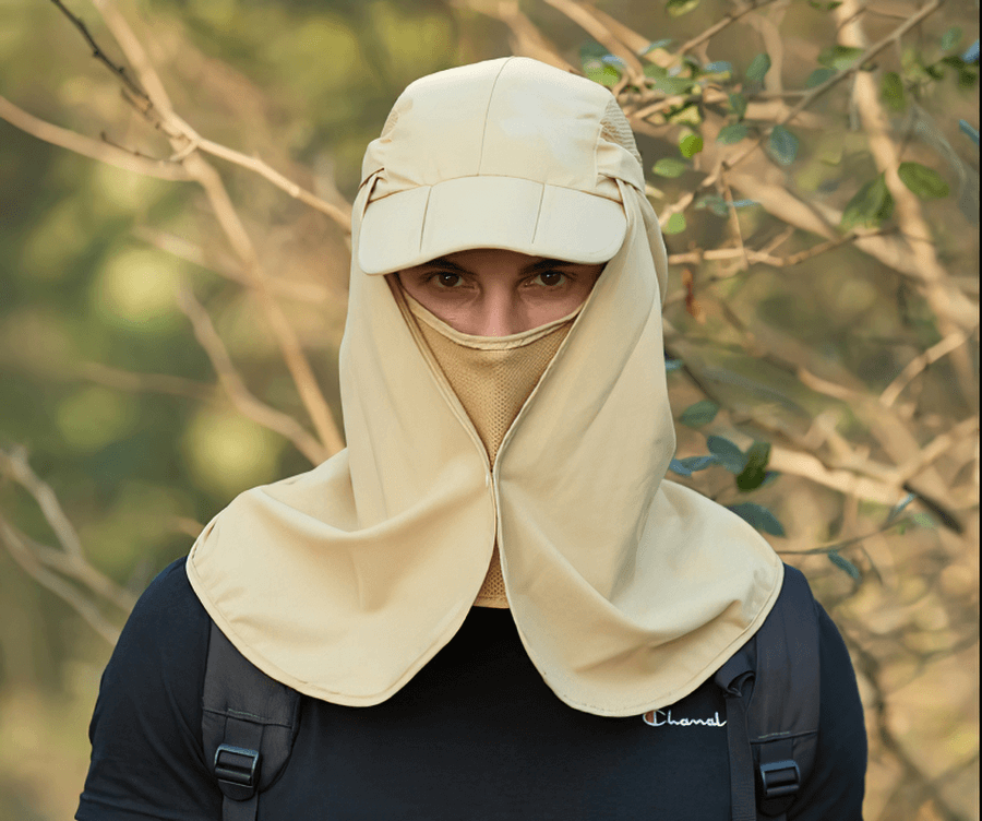 Unisex waterproof adjustable sun hat with neck flap for hiking, offering sunshade and water protection in outdoor settings.
